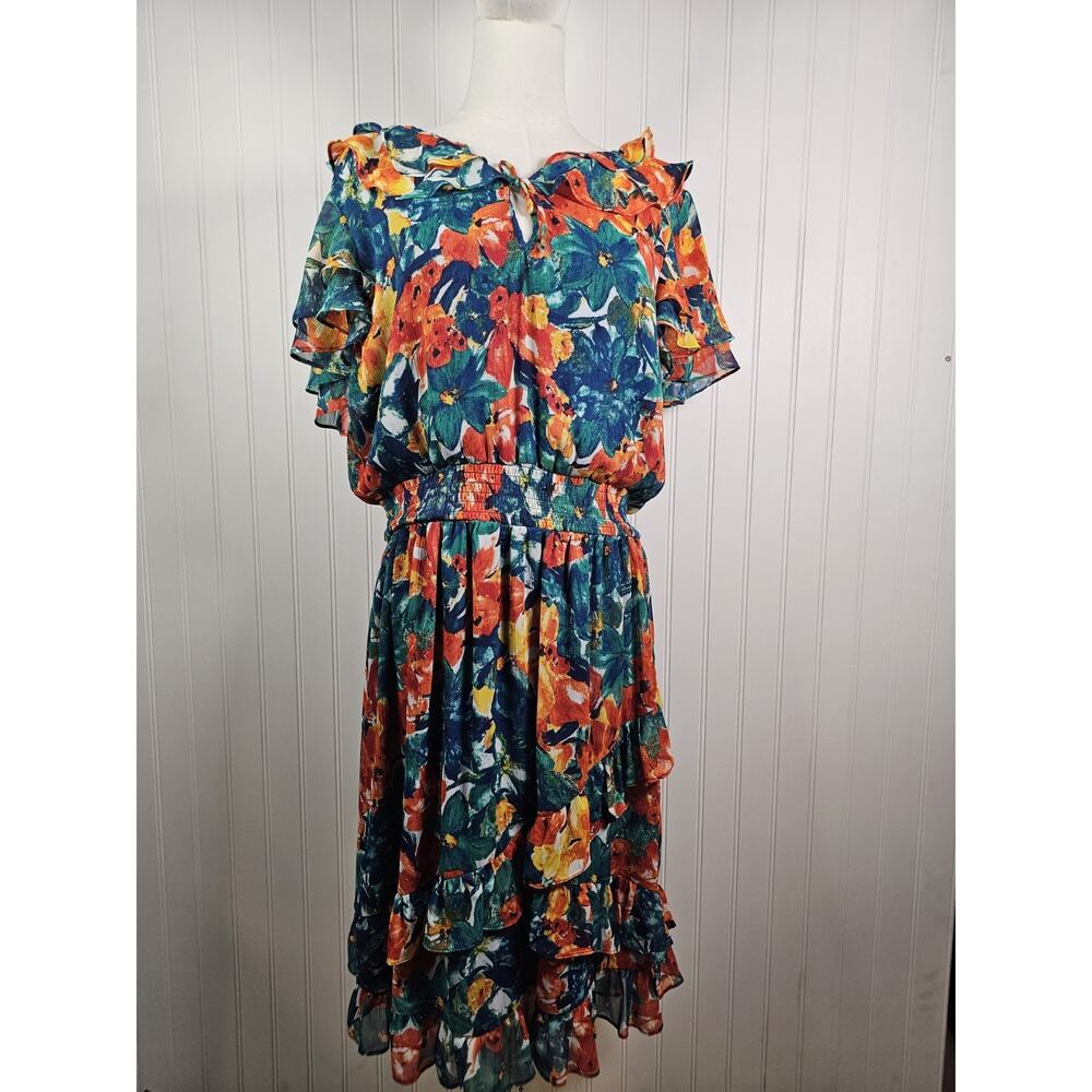 Duro‎ Olowu Floral Chiffon Ruffle Dress Women's L Midi Rouched Waist Gorgeous